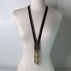Stella & Dot Nile Long beaded Black ribbon with metal fringes necklace EUC